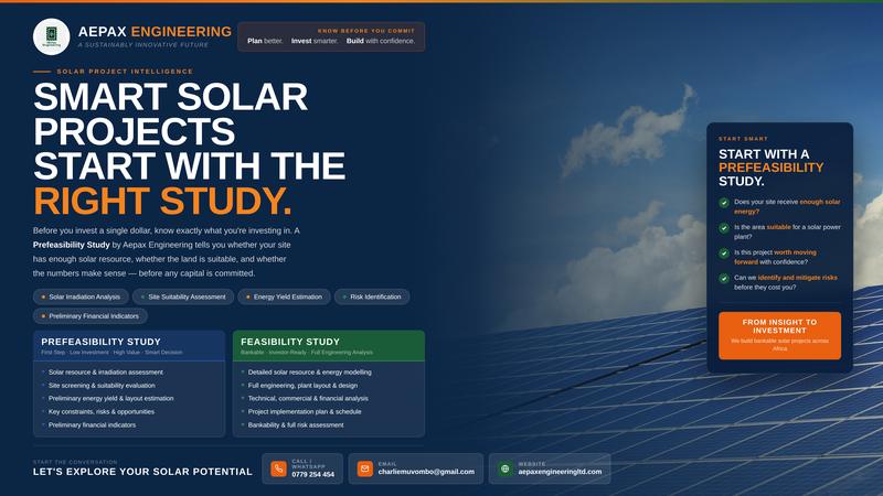 Aepax Engineering flyer: Solar prefeasibility and feasibility services